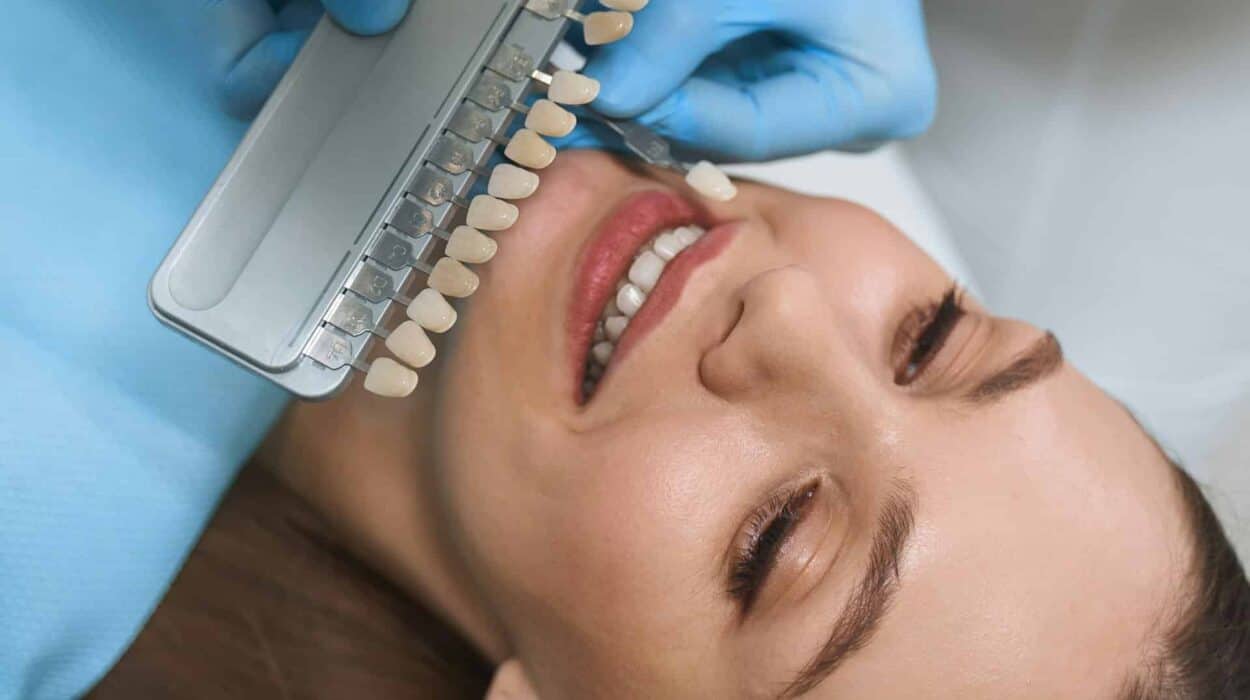 dentist matching veneers to the colour of woman's natural teeth